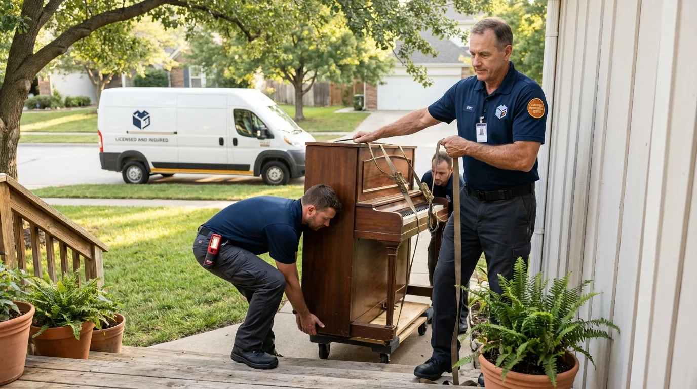 Licensed piano movers securing grand piano in Hauppauge, NY