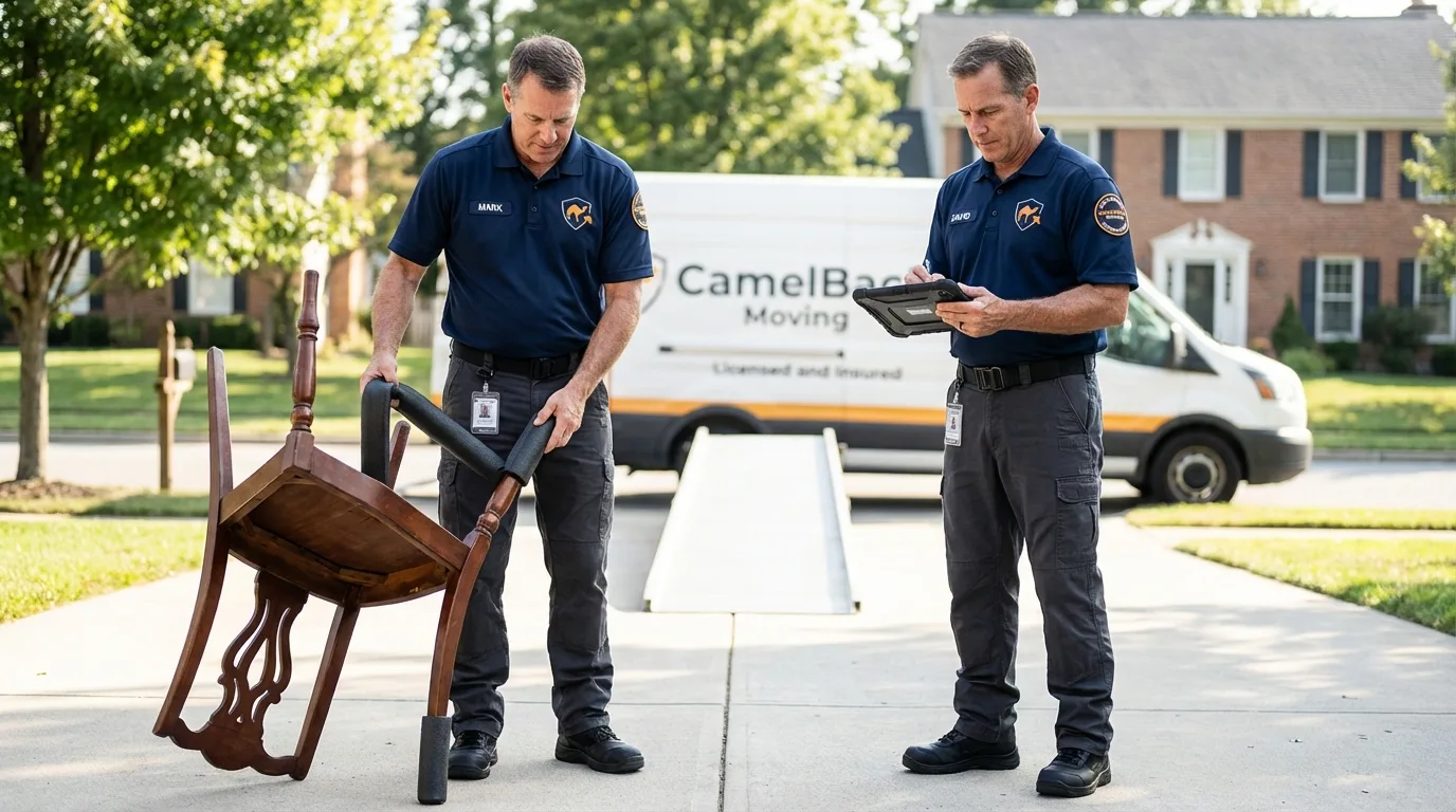 Movers inspecting furniture for damage prevention before loading in Hauppauge, NY