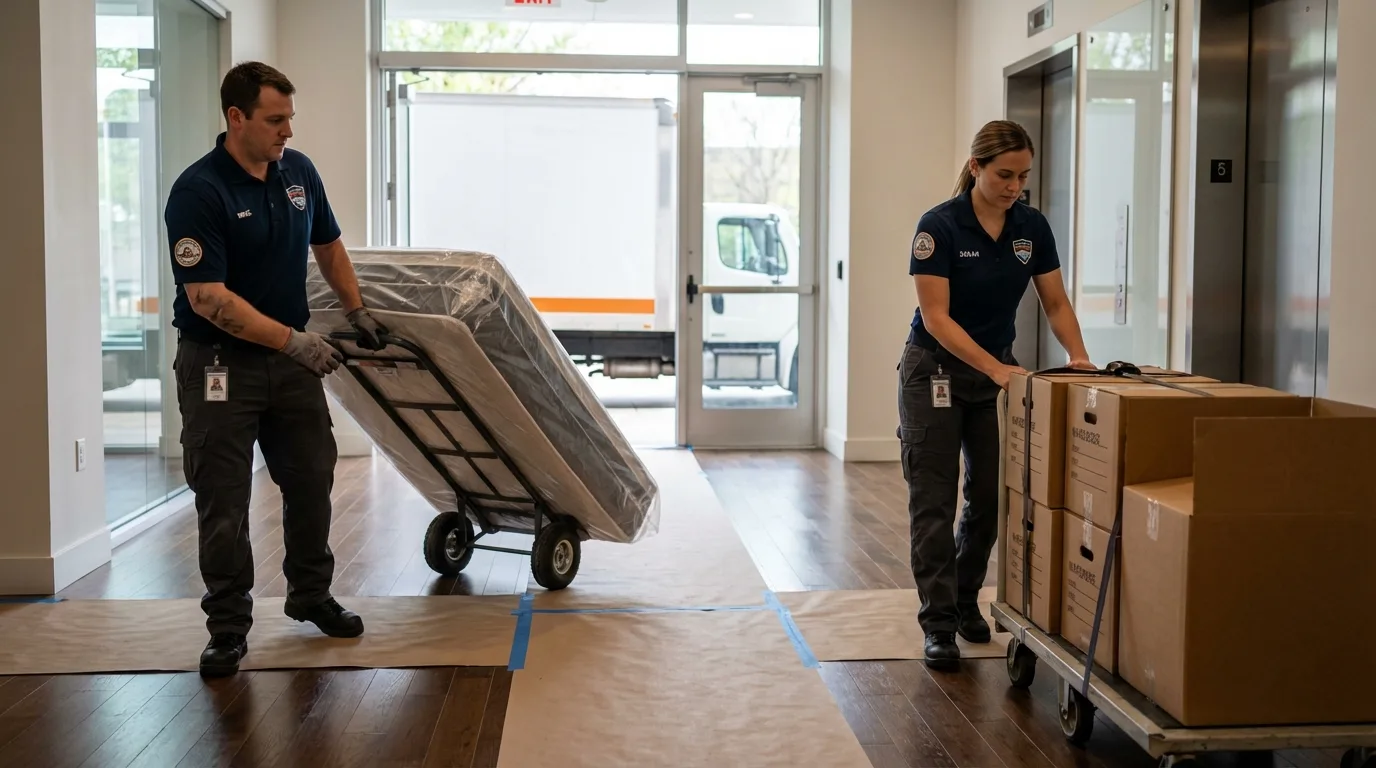 Professional apartment movers loading elevator in Hauppauge, NY
