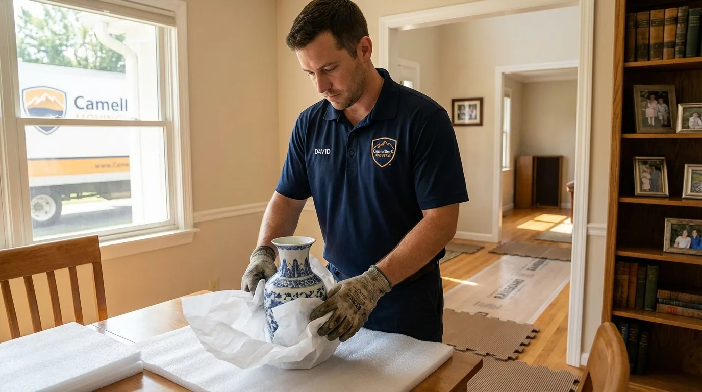 Professional crew carefully wrapping antique vase for senior downsizing move in Hauppauge, NY